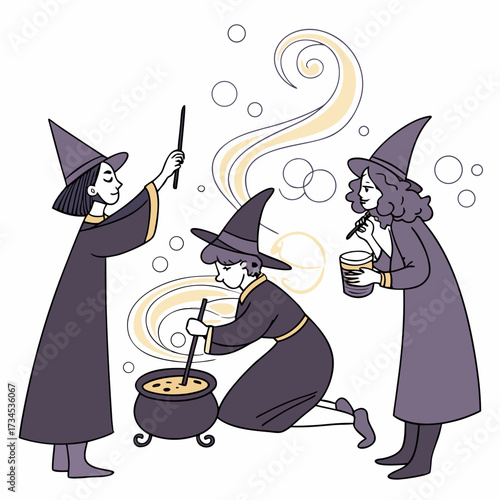 Three witches in pointy hats brewing a potion in a cauldron