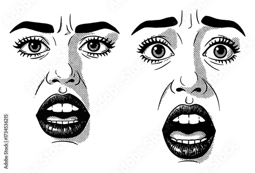 Two Facial Expression Mouth Eyes Shock Disgust Retro Style Black and White Outline Line Art Drawing