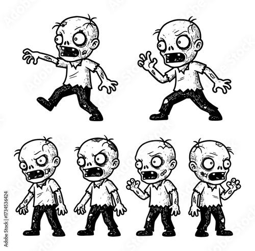 Cute Cartoon Zombie Set of Poses and Gestures Halloween Monster Black and White Outline Line Art Drawing
