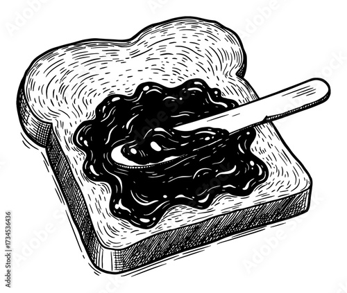 Toast with Jam and Knife Black and White Outline Line Art Drawing in Vintage Engraving Style Isolated