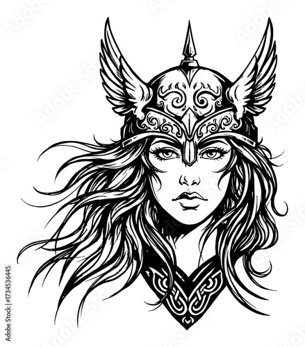 Beautiful Valkyrie Woman with Winged Helmet Logo Black and White Outline Line Art Drawing Vector Illustration