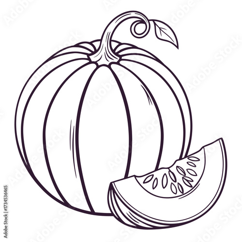 Black and white line art illustration of a pumpkin with a slice
