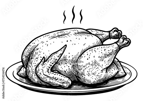 Whole Roasted Chicken Steaming on Plate Black and White Outline Line Art Drawing Vintage Engraving