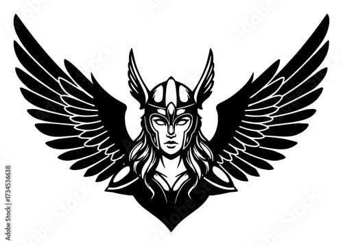 Beautiful Valkyrie with Horned Helmet and Large Wings Black and White Outline Line Art Drawing Mascot Logo