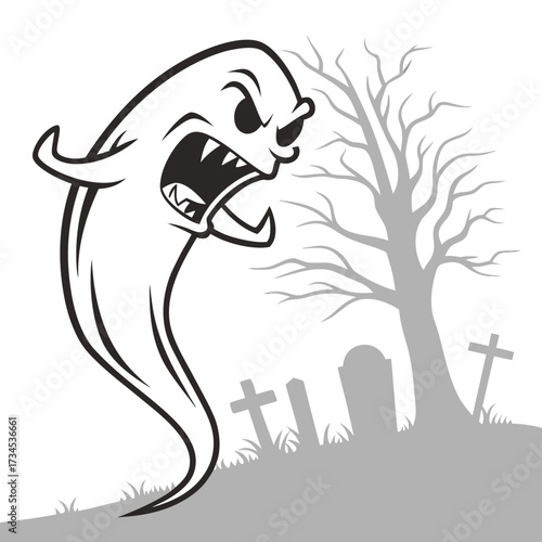 Scary cartoon ghost with sharp teeth in a graveyard at night