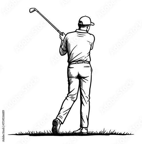 Man hitting a golf ball back view swing motion vintage Black and White Outline Line Art Drawing