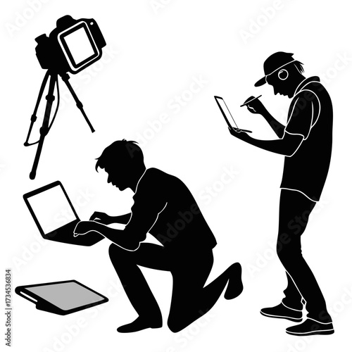 Silhouettes of people working with technology and camera equipment