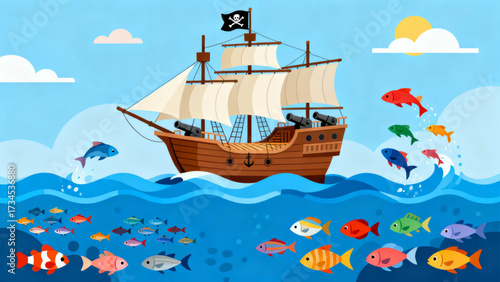 Pirate Ship Surrounded By Fish Vector Art