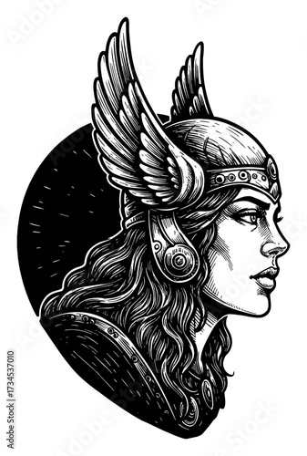Beautiful Valkyrie with Horned Helmet Profile View Woodcut Style Black and White Outline Line Art Drawing