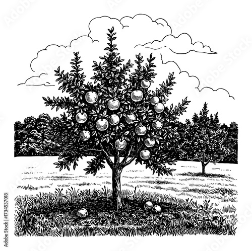 Apple Trees with Ripe Fruits in Orchard Farm Field Black and White Outline Line Art Drawing