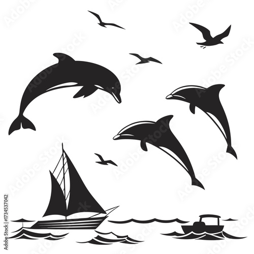 Silhouettes of dolphins jumping and seagulls flying above a sailboat and motorboat on the ocean