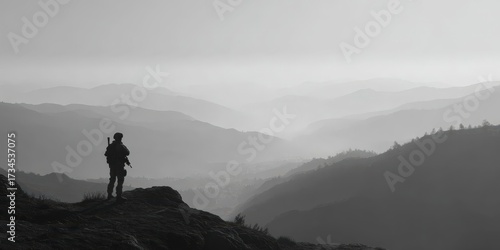 Silhouetted Soldier Watching Distant Cityscape in Foggy Mountain Landscape