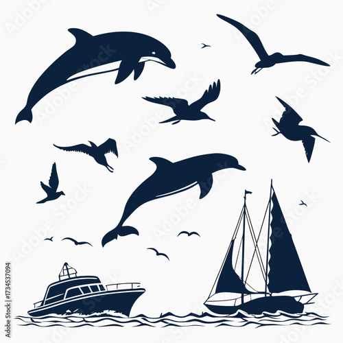 Silhouettes of dolphins seagulls sailboat and motorboat on white background
