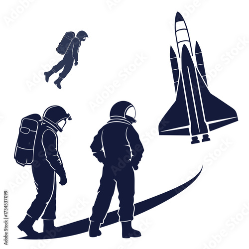 Astronauts and space shuttle silhouette illustration