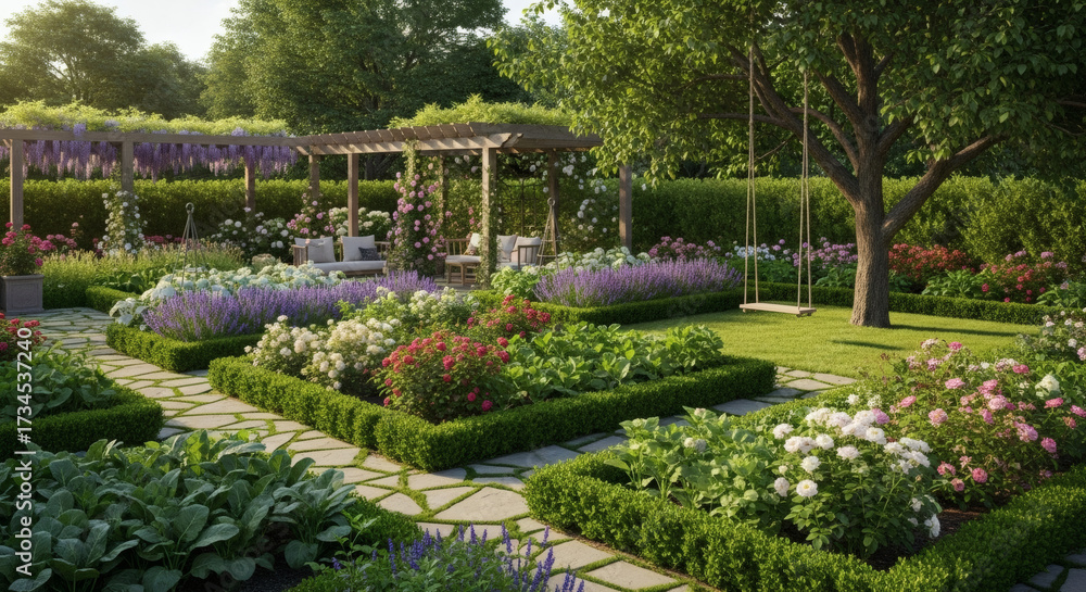 Fototapeta premium A classic garden with green vegetable beds, blooming shrubs, a small pergola, stone pathways, and a swing