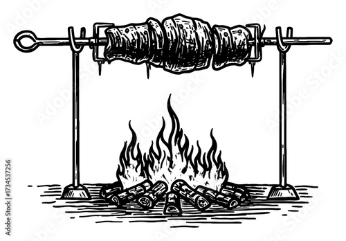 Meat Roasting on a Spit Over Wood Fire Black and White Outline Line Art Illustration Engraving