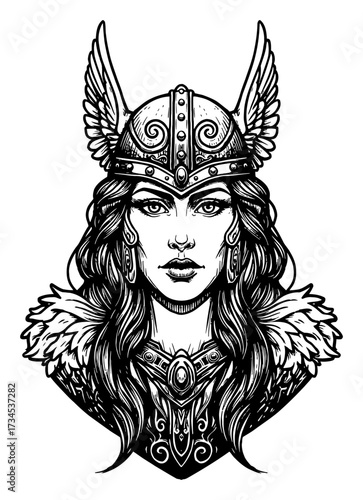 Beautiful Valkyrie Woman Wearing Horned Winged Helmet Fantasy Portrait Black and White Outline Line Art Drawing