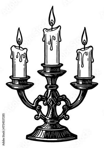Vintage three candle holder candelabra with flames Black and White Outline Line Art Drawing