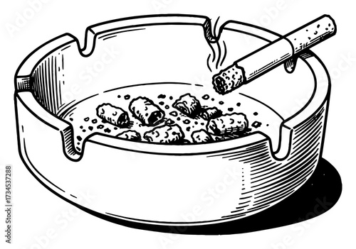 Classic White Ashtray Holding a Lit Cigarette and Butts Black and White Outline Line Art Drawing