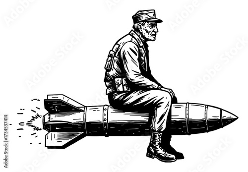 Old Veteran Sitting on Flying Missile Bomb Black and White Outline Line Art Drawing Engraving