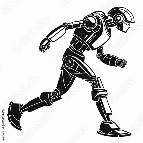 Futuristic robot in motion running forward with a determined stance