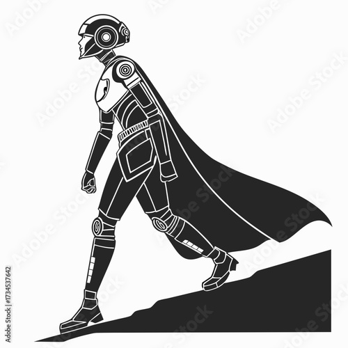 Futuristic robot warrior with flowing cape walking uphill