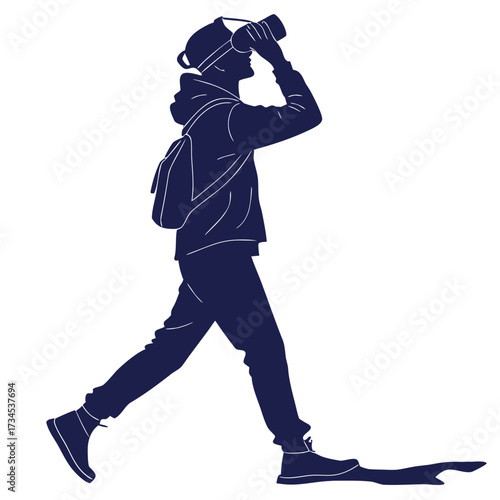 Person wearing virtual reality headset and backpack walking