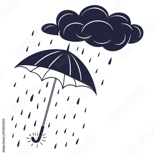 Dark cloud raining on an umbrella with white background