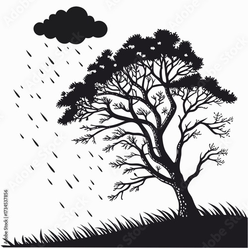 Silhouette of a lone tree in the rain with a dark cloud