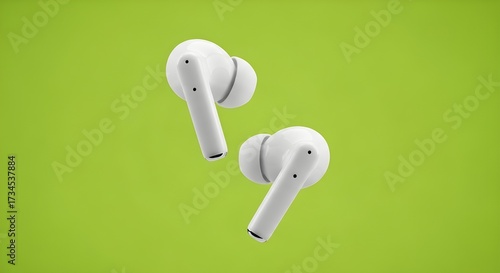 Pair of white wireless earbuds isolated on a vibrant green background