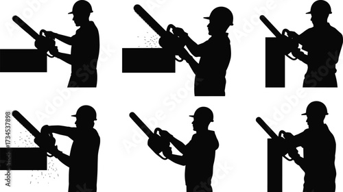 Silhouettes of construction workers using power saws, cutting materials, demolition work, precision cutting, construction tools, heavy-duty work, building site illustration