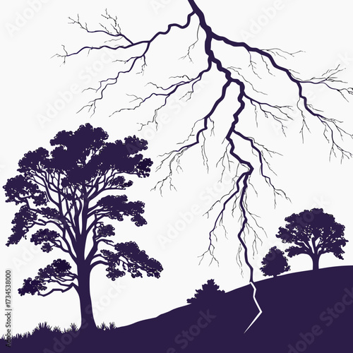 Dramatic silhouette of trees and lightning strike on a hillside