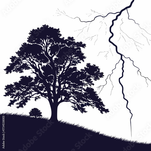 Silhouette of a large tree on a hill with a lightning strike overhead