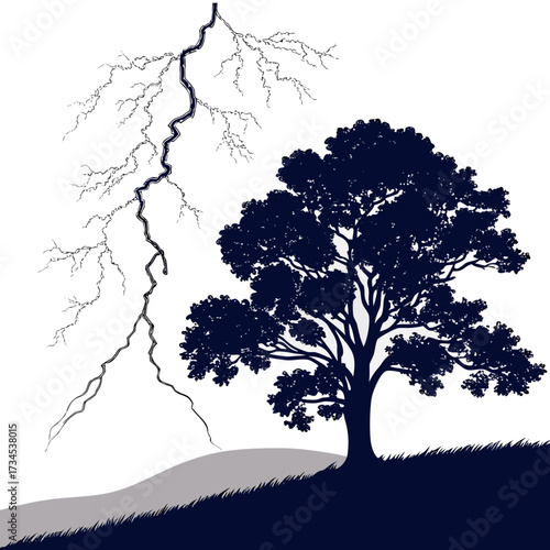 Silhouette of a tree struck by a dramatic lightning bolt during a storm