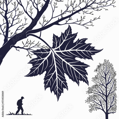 Lone hiker beneath a giant maple leaf and bare trees