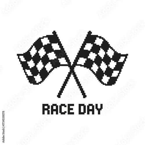 simple black and white vector illustration of two crossed checkered racing flags in pixel art style
