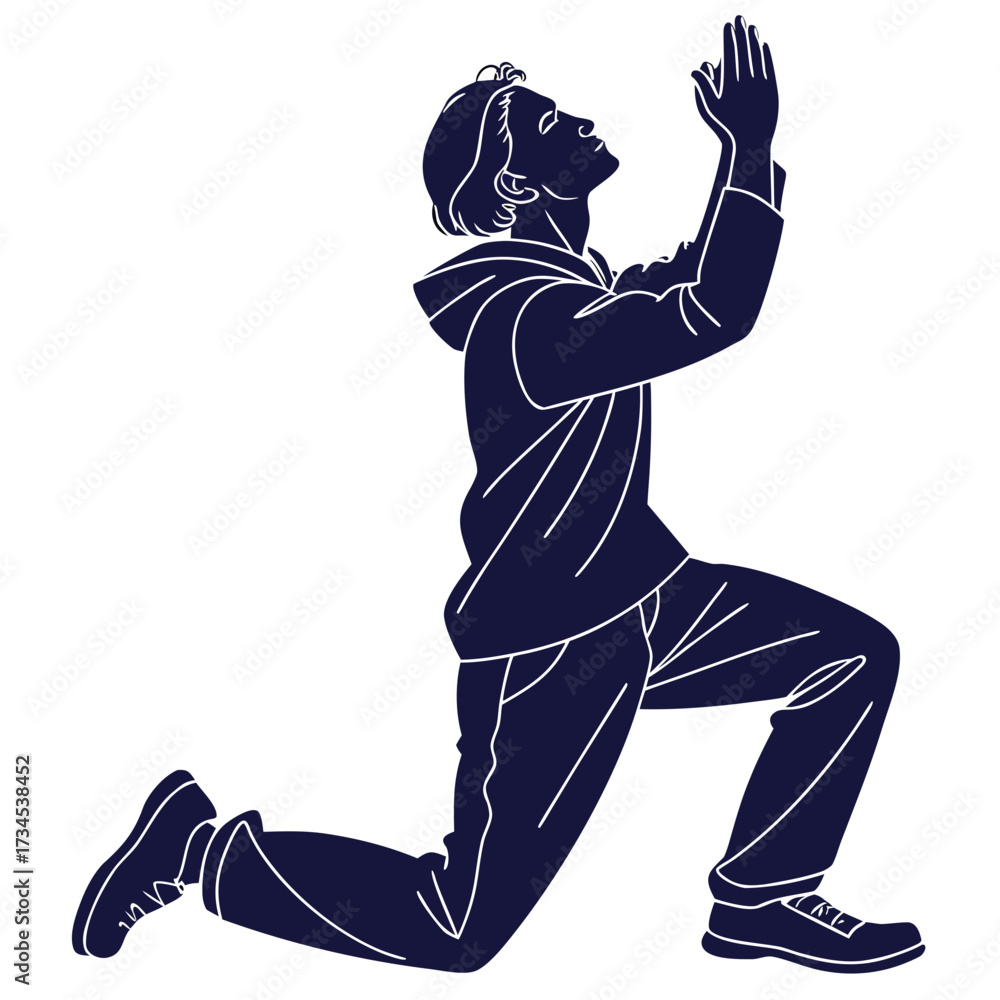 Fototapeta premium Man kneeling with hands clasped in prayer looking upwards