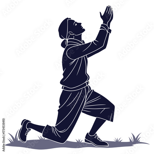 Person kneeling with hands raised in prayer or supplication outdoors