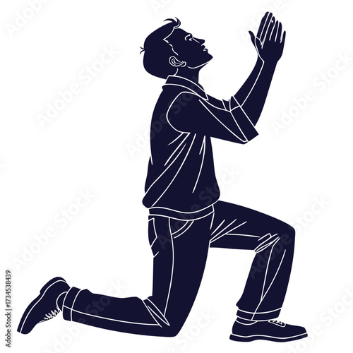 Silhouette of a man kneeling with hands clasped in prayer