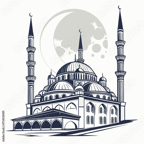 Stylized illustration of a mosque with minarets and a large moon