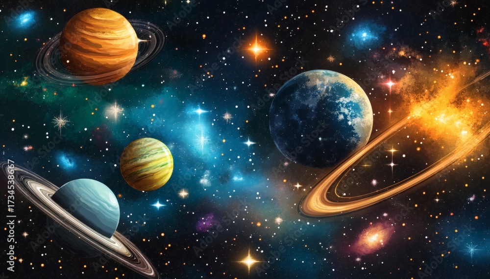 Naklejka premium The illustration shows multiple planets with rings, stars of varying brightness, and nebulae in a dark space setting.
