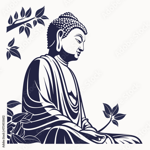 Meditating buddha serene enlightenment under a tree with leaves