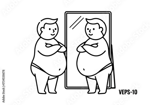 Overweight man looking in mirror, seeing himself as he is, body image concept, line art