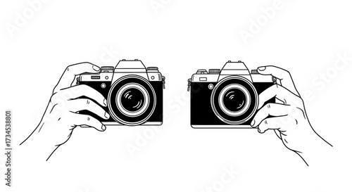 Line art illustration of two hands holding vintage-style cameras, presented side-by-side on a white background, emphasizing photography as a hobby.
