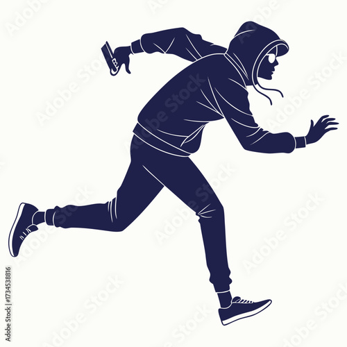 Silhouette of a person in a hoodie running with a phone
