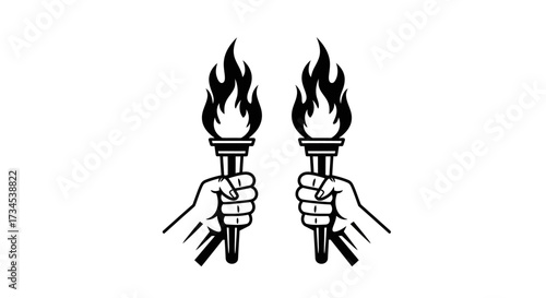 Black and white illustration of two hands holding torches with flames.