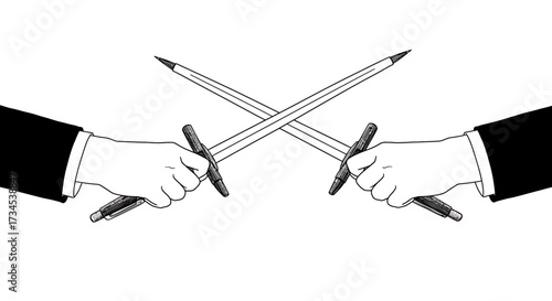 A symbolic black and white illustration of two hands in business suits dueling with crossed pencil swords.