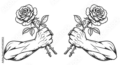 Two stylized black and white drawings of muscular arms holding roses with thorns.