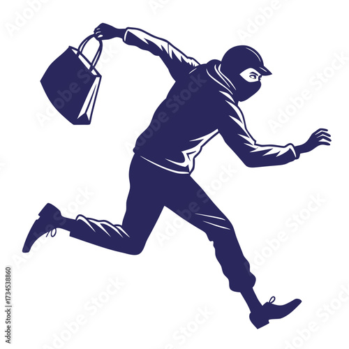 Burglar running with a stolen bag masked figure in motion