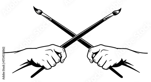 Black and white illustration of two hands holding crossed paintbrushes, symbolizing art and creativity.